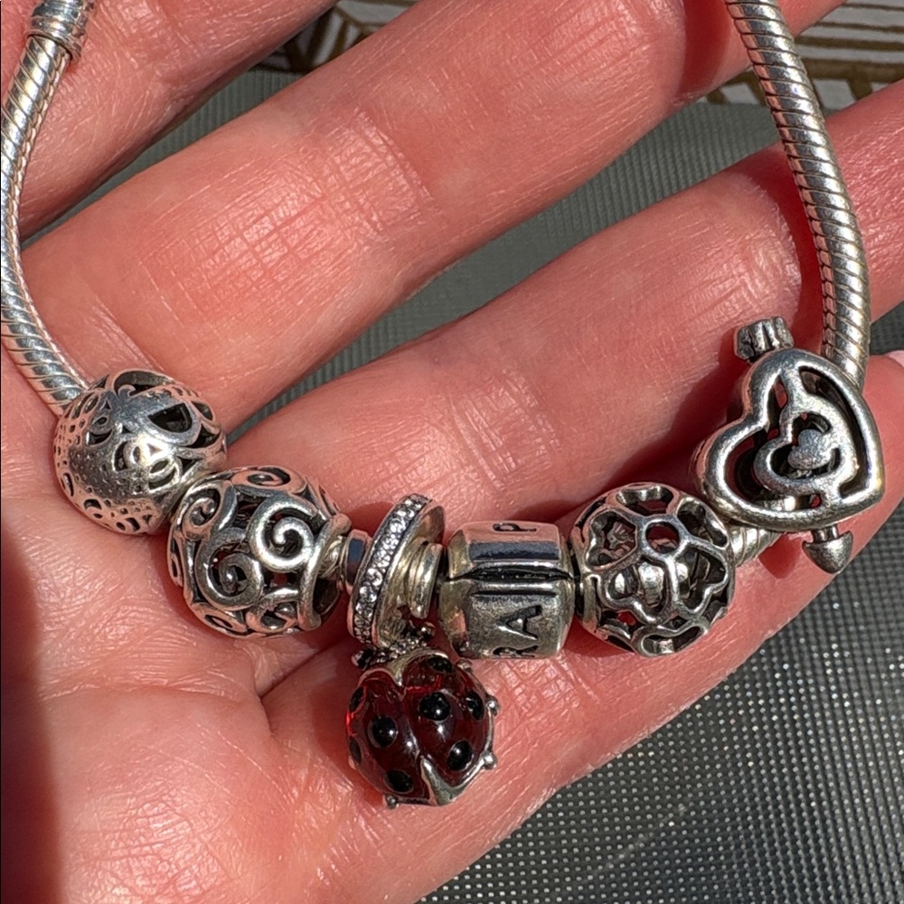 Pandora Silver Heart & Filigree Charm Bracelet with Red Ladybug